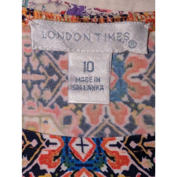 London Times Orange Blue Design 3/4 Sleeve Slip Over Head Dress Womens Size 10 - Picture 4 of 8